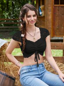 SHEIN Frenchy 蕾絲花邊前抽繩短款上衣 - 黑色 - 查看 1