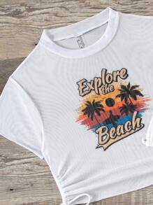 SHEIN Swim 夏季海灘字母圖案束腰比基尼套裝，帶有遮陽罩 - 白色 - 查看 6