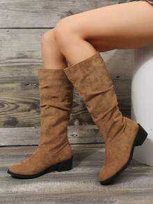 2023 Autumn & Winter Vintage Suede Over Knee Riding Boots For Women With Thick High Heel, Pointed Toe, And Ruffle Design - Brown - View 3
