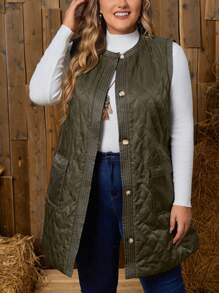 EMERY ROSE Plus Flap Pocket Sleeveless Quilted Coat - Army Green - View 4