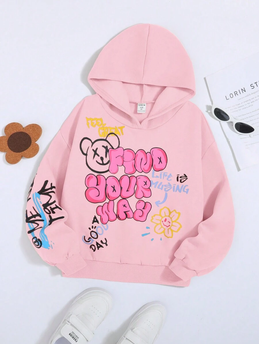 SHEIN Sudadera con hombros caídos y gráficos de dibujos animados y eslóganes para niña preadolescente, para otoño/invierno - Rosa Pálido - Ver 1