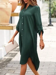 SHEIN LUNE 捲邊袖弧形下擺襯衫洋裝 - 墨綠色 - 查看 5