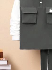 SHEIN 男大童字母貼布翻蓋口袋假兩件上衣&拼接滾邊長褲