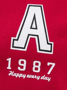 Young Boy Slogan Graphic Striped Trim Colorblock Varsity Jacket - Red - View 7