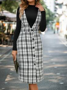 Chiquease Solid Tee & Plaid Print Button Front Overall Dress - Black and White - View 3