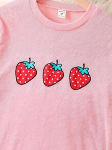 Tween Girl Embroidery Strawberry Pattern Tee & Pants PJ Set