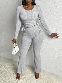 Slaydiva Slayr Casual Home Round Neck Long Sleeve Drawstring Waist T-Shirt And Straight Fit Ribbed Grey Sweatpants 2 Piece Set For Women - Grey - View 3