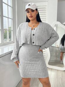 SHEIN EZwear Hơn Thả vai Áo khoác & Váy bodycon - Xám - Xem 4