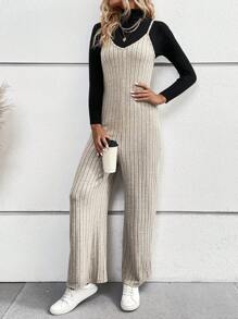 SHEIN LUNE 1入組羅紋針織吊帶連衣褲（無T恤） - 卡其色 - 查看 1
