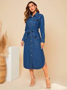 SHEIN Privé Flap Pocket Button Front Split Side Denim Dress - Dark Wash - View 5