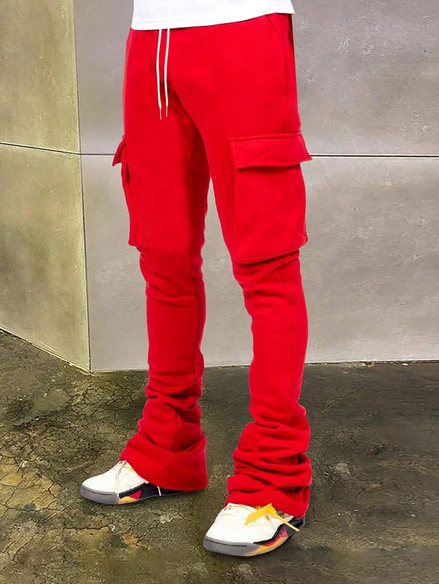 Manfinity EMRG Men Solid Flap Pocket Drawstring Waist Sweatpants - Red - View 1