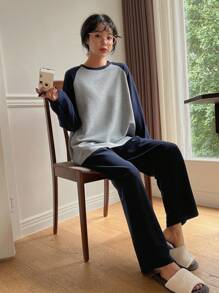 DAZY Two Tone Raglan Sleeve Lounge Set Pajama - Navy Blue - View 7