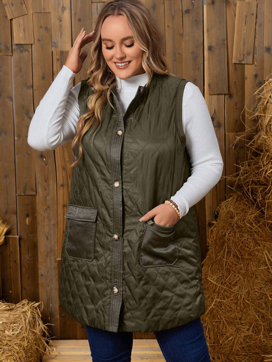 EMERY ROSE Plus Flap Pocket Sleeveless Quilted Coat - Army Green - View 1