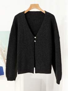 DAZY Button Front Drop Shoulder Cardigan - Dark Grey - View 8