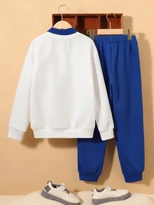 SHEIN Tween Boy Cartoon Graphic Contrast Collar Sweatshirt & Sweatpants - White - View 2
