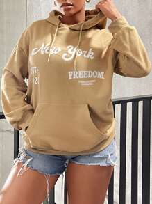SHEIN SXY Letter Graphic Kangaroo Pocket Drop Shoulder Drawstring Hoodie - Khaki - View 4