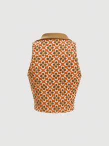 SHEIN MOD Vải in hoa Crop Tank Top - Màu Cam cháy - Xem 2