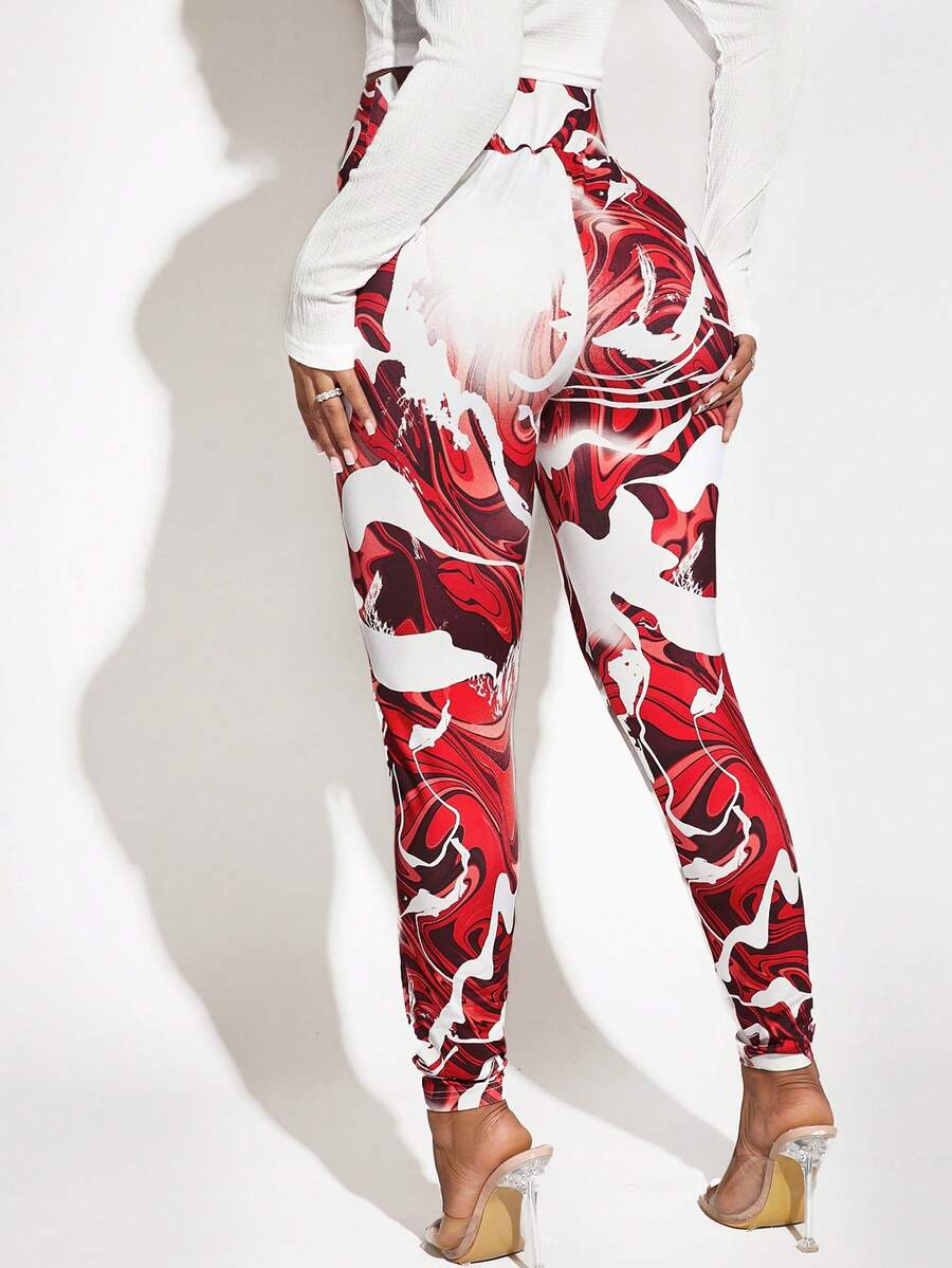 SHEIN SXY 女款圖案印花寬腰帶彈性腰打底褲