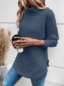 SHEIN Unity 高領插肩袖弧形下擺套頭毛衣 - 霧霾藍 - 查看 4