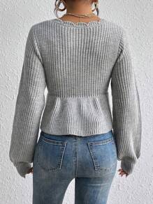 SHEIN MOD 秋冬扇贝边灯笼袖前结荷叶边毛衣 - 灰色 - 查看 2