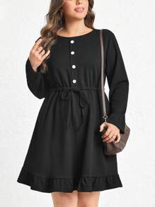 SHEIN LUNE Plus Size Solid Drawstring Waist Ruffle Hem Dress - Black - View 3