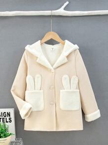 SHEIN 女大童雙口袋毛絨內襯連帽外套 - 杏色 - 查看 1