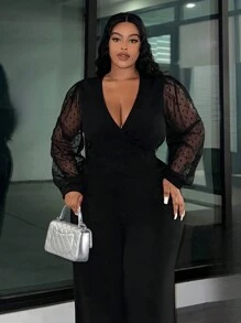 Slaydiva Slayr Plus Elegant Commute Solid Color Mesh Panel Crossover Collar Wide Leg Plus Size Women Long Jumpsuit - Black - View 4