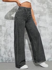 高腰闊腿牛仔褲 - 深灰色 - 查看 1
