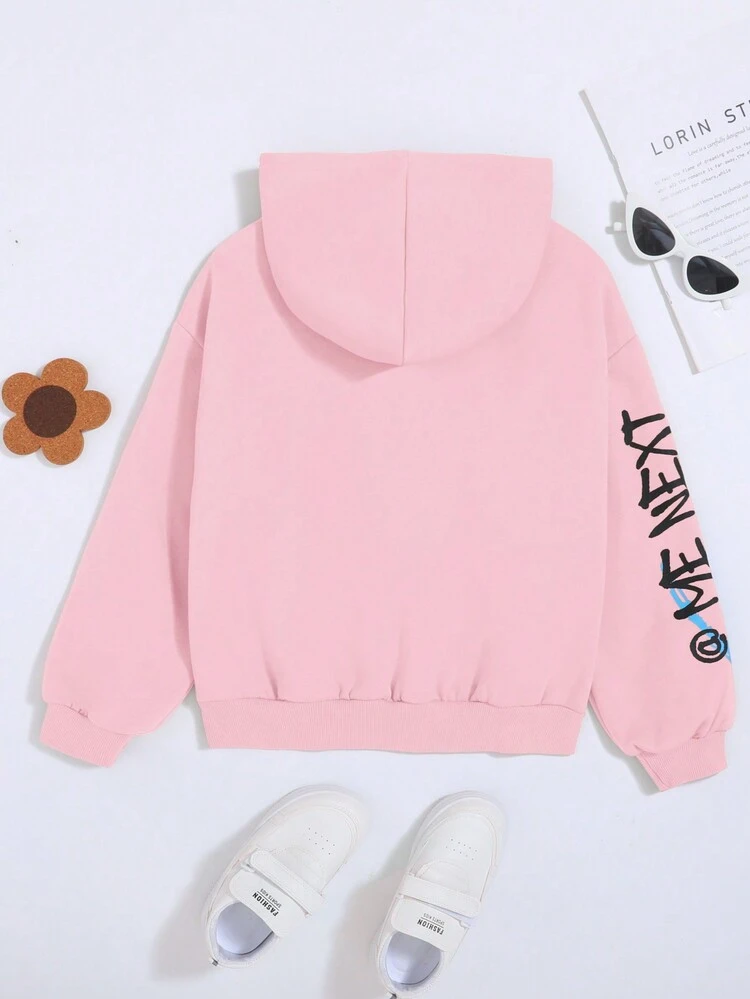 Tween Girl Cartoon & Slogan Graphic Drop Shoulder Sweatshirt,In Fall/Winter