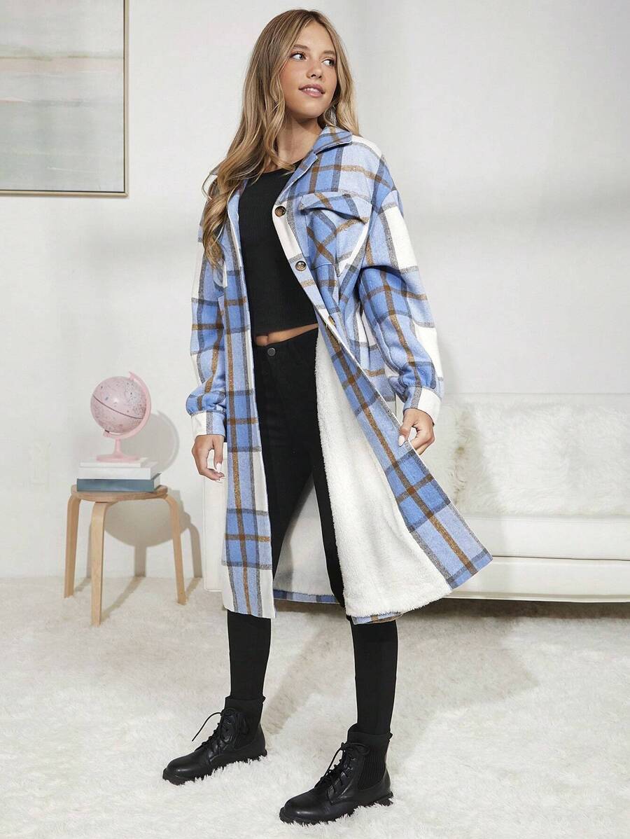 Teen Girl Plaid Flap Pocket Drop Shoulder Overcoat