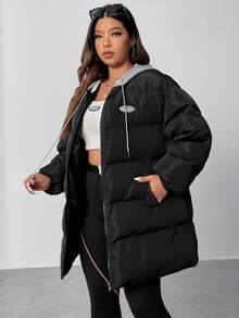 SHEIN EZwear Abrigo con capucha con cordón y hombros caídos acolchado 2 en 1 talla grande - Negro - Ver 3