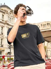 Hombres Camiseta con estampado de letra - Gris Oscuro - Ver 4