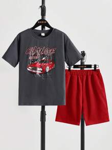 SHEIN Tween Boy Car & Letter Graphic Tee & Shorts - Red - View 1
