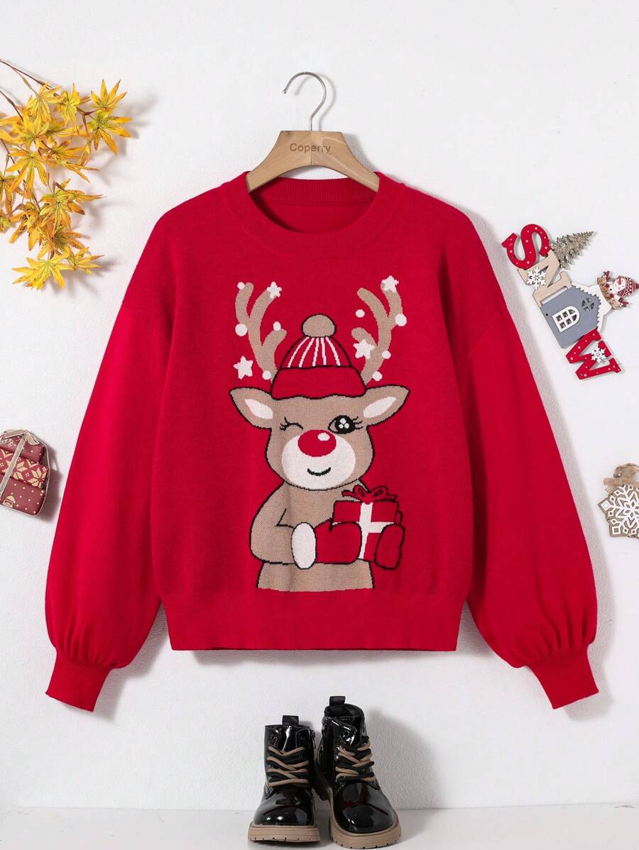 Thiếu niên cô gái Họa tiết Giáng sinh bất kỳ mẫu nào Thả vai Áo len - Đỏ - Xem 1