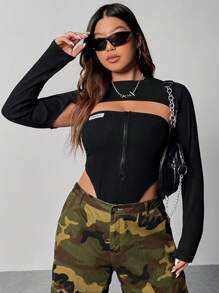 SHEIN ICON 大碼拉鏈開襟超短款上衣&抹胸上衣 - 黑色 - 查看 5