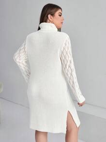 SHEIN Essnce Plus Turtleneck Pointelle Knit Split Hem Sweater Dress Without Belt