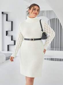 SHEIN Essnce Plus Turtleneck Pointelle Knit Split Hem Sweater Dress Without Belt