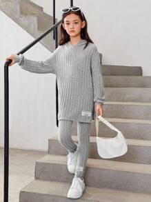 SHEIN Tween 女孩字母貼片落肩連帽運動衫和緊身褲 - 灰色 - 查看 6