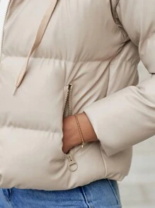 EURMUSE Zip Up Drawstring Hooded Puffer Coat - Khaki - View 5