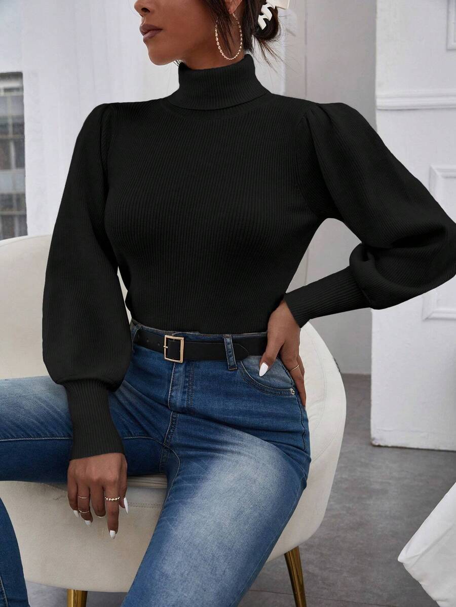 Cloudara Turtleneck Lantern Sleeve Ribbed Knit Sweater - Black - View 1