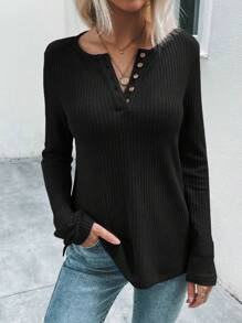 SHEIN LUNE Chất rắn Placket nửa nút Dệt kim Waffle Áo thun - màu đen - Xem 1