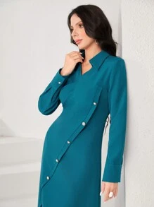 Modelyn Solid Button Detail Wrap Hem Dress - Teal Blue - View 4