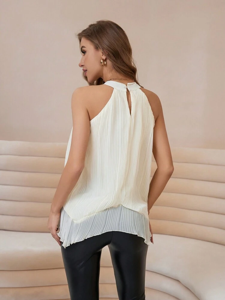 Solid Asymmetrical Hem Halter Neck Pleated Detail Chiffon Blouse
