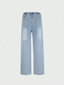 青少年女孩破洞直筒牛仔褲 - 淺色水洗藍 - 查看 2