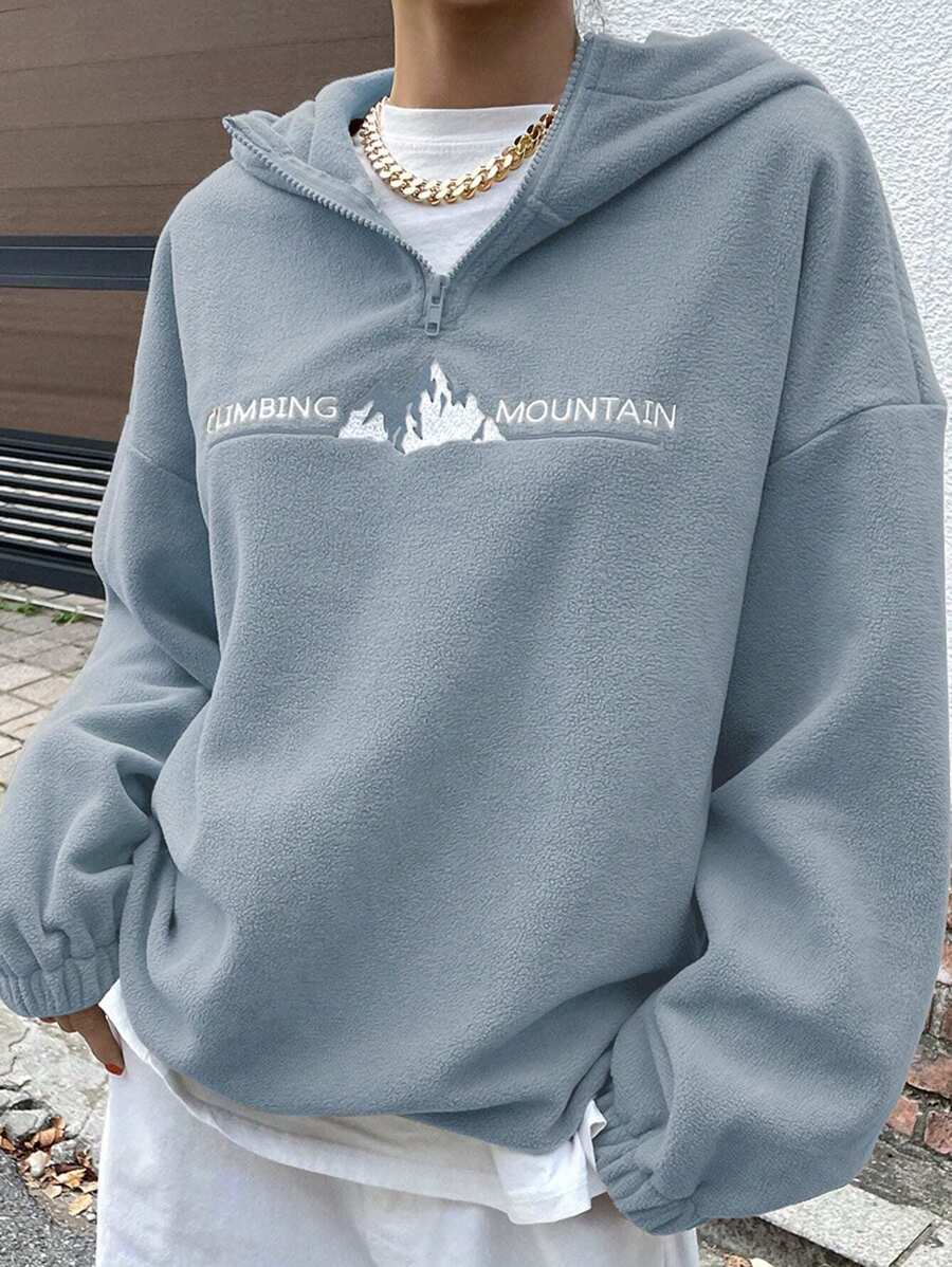 DAZY 字母刺绣落肩四分之一拉链羊毛连帽衫（不含 T 恤），秋季女装运动衫