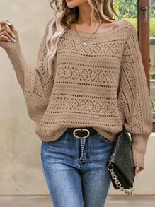 EMERY ROSE 蝙蝠袖镂空针织毛衣，长袖套头针织衫，秋冬毛衣 - 杏色 - 查看 5