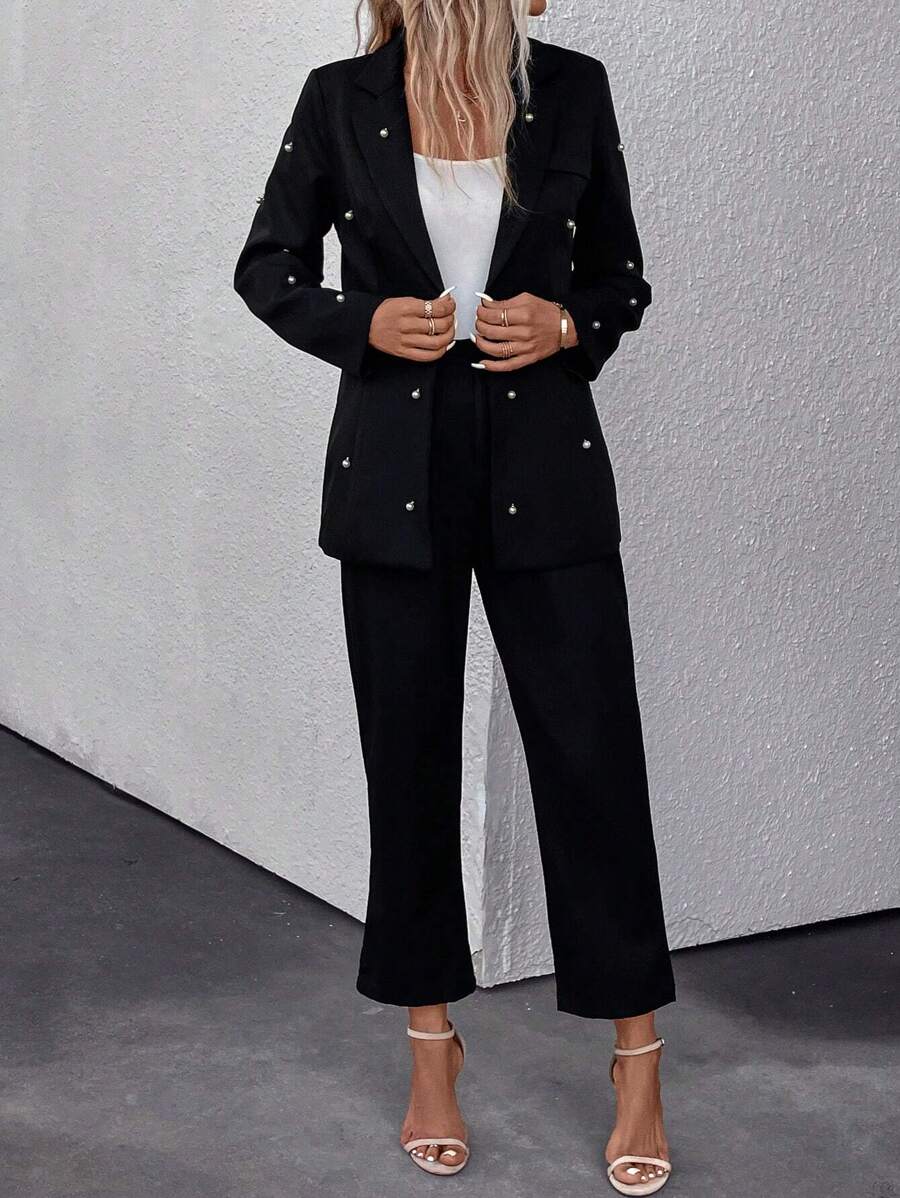 SHEIN LUNE Áo blazer và quần đính ngọc trai một nút - màu đen - Xem 1