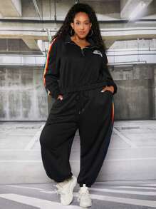 SHEIN CURVE+ 大碼彩虹刺繡拼接側邊接縫半拉鏈落肩袖連帽衫和運動褲 - 黑色 - 查看 5