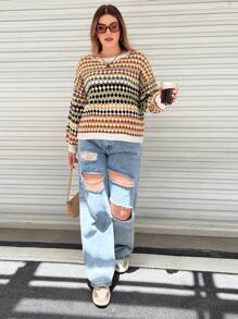 Flirla 加码菱格纹落肩毛衣，适合冬季针织套头衫和秋季毛衣 - 彩色 - 查看 6