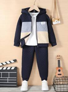 Young Boy 1pc Colorblock Letter Patched Detail Zipper Hooded Jacket & 1pc Sweatpants - Multicolor - View 1